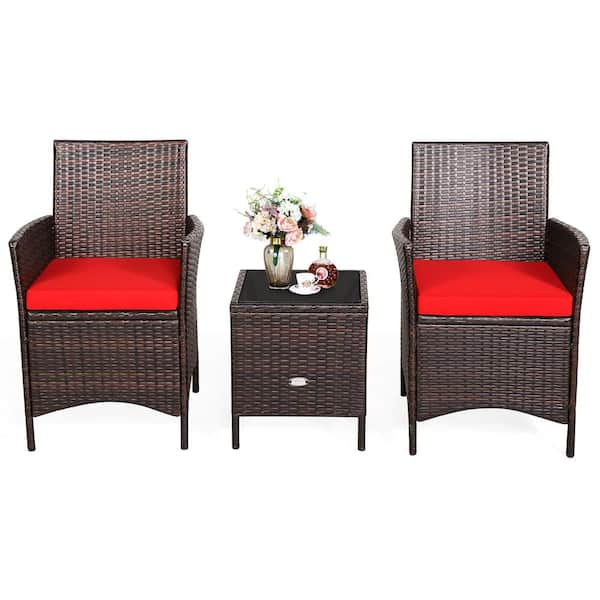 Costway 3-Pieces Wicker Patio Conversation Set with Red Cushions
