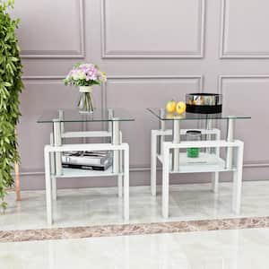 2-Piece Transparent Modern Tempered Glass Tea Table End Table with White Legs for Living Room