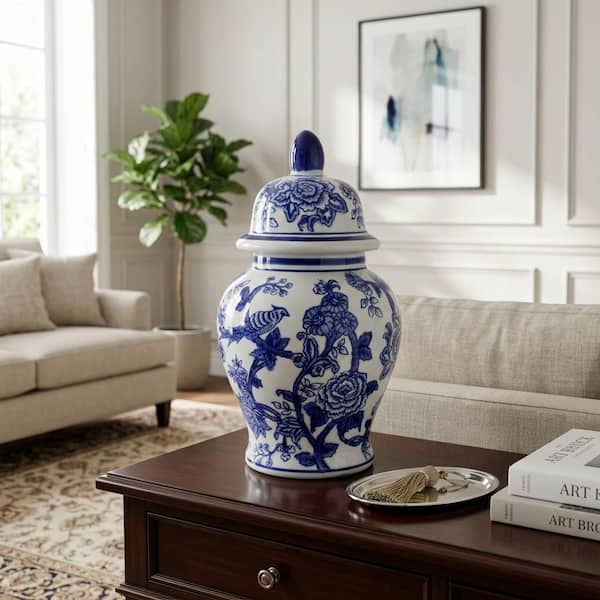 10 in. White and Blue Chinoiserie Floral Temple Jar