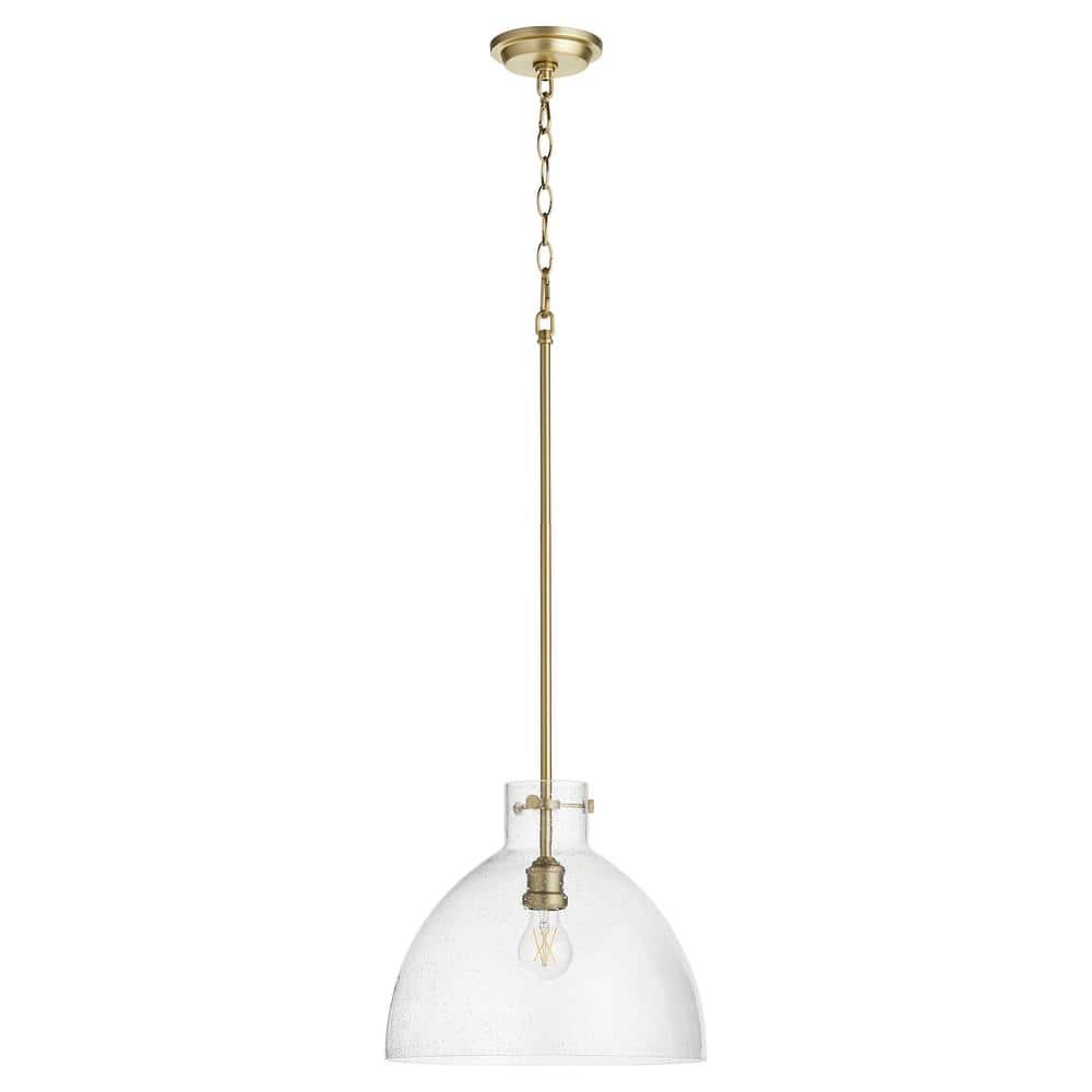 14 in. 1-Light 60-Watts Pendant Light with Dome Clear Seeded Glass Aged Brass price history on PriceWatchPro