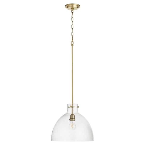 Quorum 14 in. 1-Light 60-Watts Pendant Light with Dome Clear Seeded Glass Aged Brass
