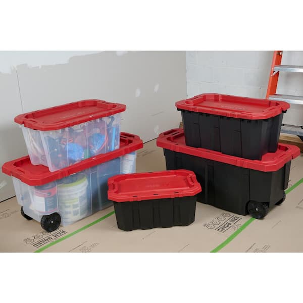 Husky 45 Gal. Latch and Stack Tote with Wheels in Black with Red Lid 206201  - The Home Depot