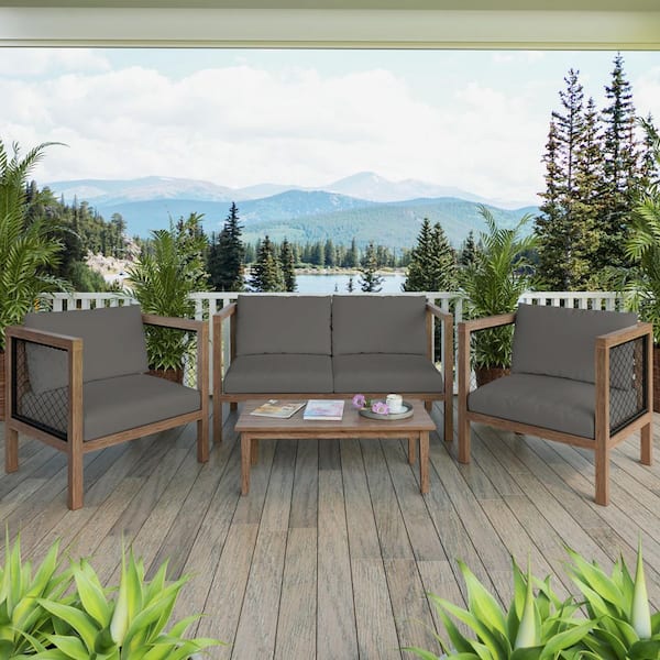 TK CLASSICS 4 -Piece Acacia Outdoor Conversation Set with Black Wicker and Cushions