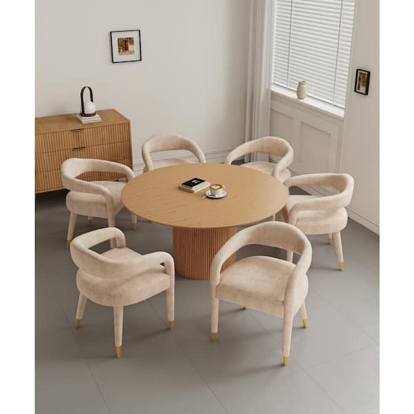 Manhattan Comfort Hathaway and Aspen 7-Piece Round Natural and Gold Dust Ash Wood Top Dining Room Set Seats 6