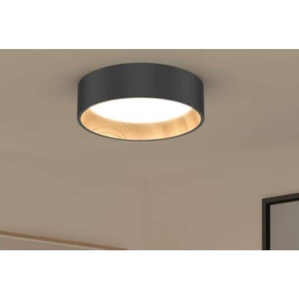 Alton 13 in. 1-Light Modern Black and Wood Integrated LED 3 CCT Flush Mount Ceiling Light Fixture for Kitchen or Bedroom