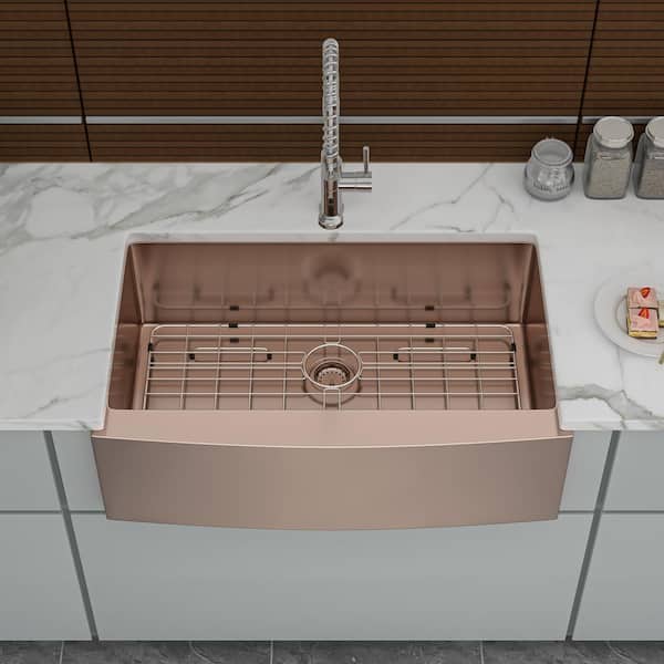 Staykiwi 33 in. Farmhouse/Apron-front Single Bowl 16 Gauge Rose Gold Stainless Steel Kitchen Sink with Bottom Grids
