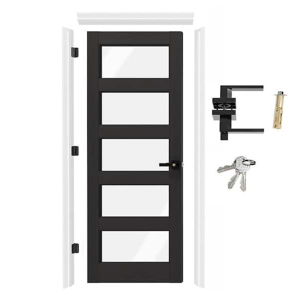 32 in. x 80 in. Left-Handed 5 Lite Clear Glass Black Covering MDF Door with Door Jamb Lever and Latch, Assembly Required