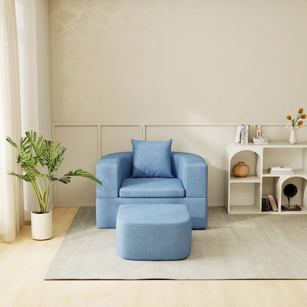 Foldable 41 in. Teddy Fabric Square Arm Chair Accent Chair With Soft Memory Foam Cushions Blue
