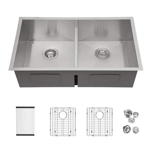 LORDEAR 33 in. Undermount/Drop In Double Bowl 16-Gauge Low Divide Stainless Steel 50/50 Kitchen Sink with Bottom Grid