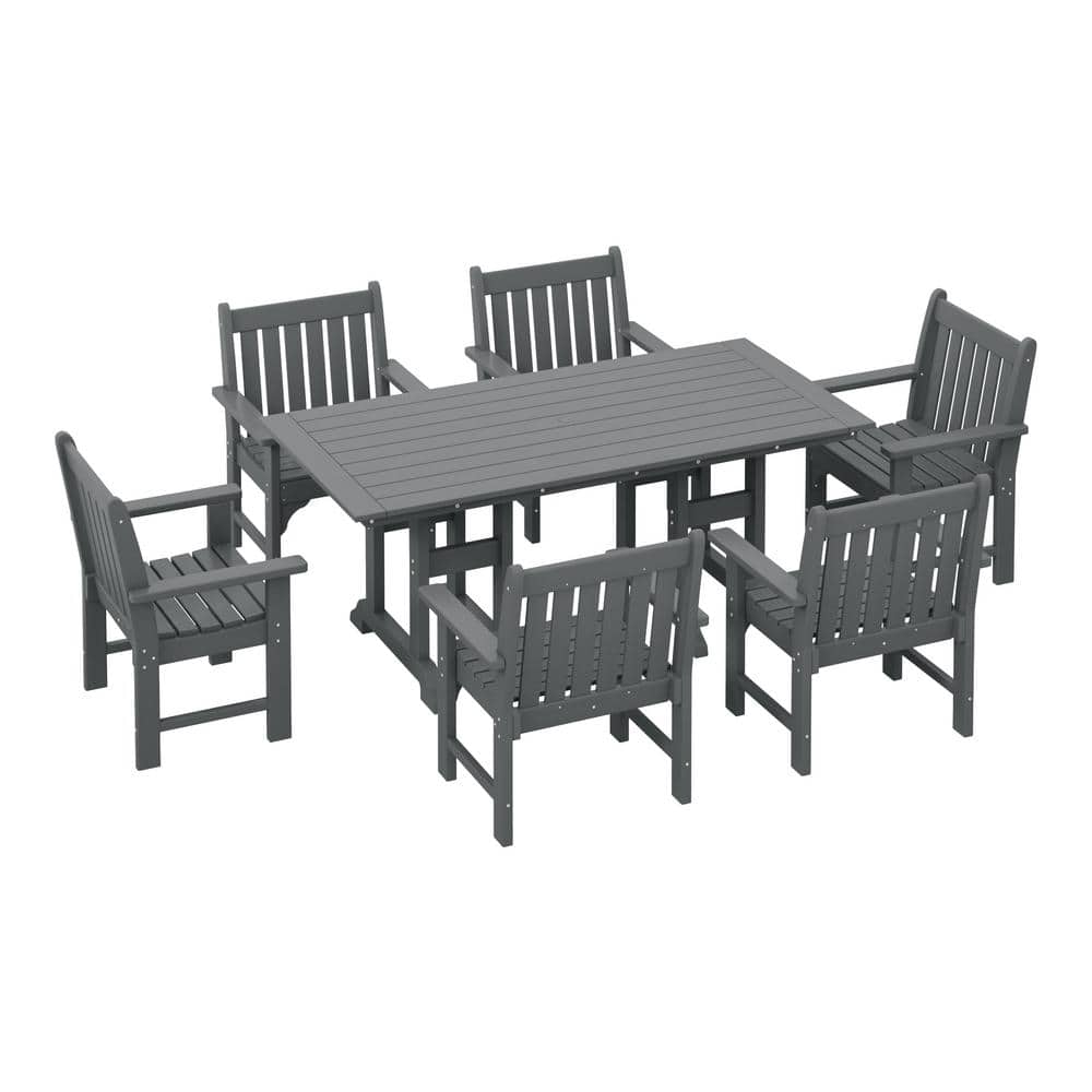 Laguna 7-Piece Poly Plastic Outdoor Patio Rectangle Trestle Table Dining Set W/Garden Armchairs in Gray price history on PriceWatchPro