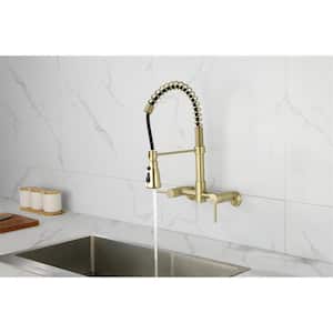 Double Handle 3 Functions Wall Mounted Bridge Pull Down Sprayer Kitchen Faucet in Gold