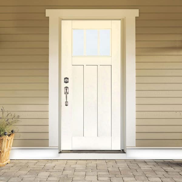 36 in. x 80 in. Smooth White Right-Hand Inswing 3-Lite LowE Classic Craftsman Finished Fiberglass Prehung Front Door