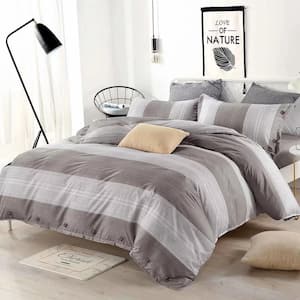 Duvet Cover 90g Microfiber Down Comforter Quilt Bedding Cover, 3-Piece Solid Button Design, Striped Gray, Queen