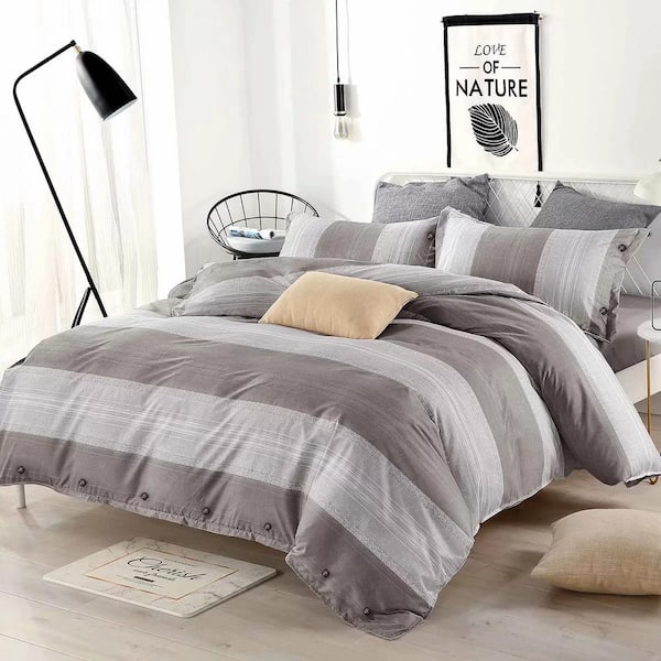 Shatex Duvet Cover 90g Microfiber Down Comforter Quilt Bedding Cover, 3-Piece Solid Button Design, Striped Gray, Queen