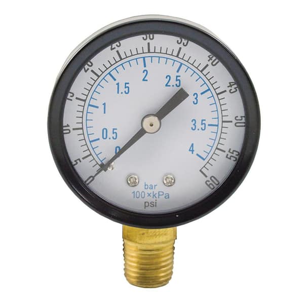JONES STEPHENS 60 PSI Pressure Gauge with 3-1/2 in. Face and 1/4 in. MIP Brass Connection
