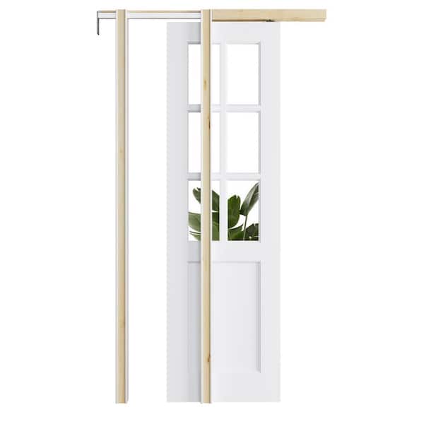 ARK DESIGN 24 in. x 80 in. 6 Lite Clear Glass White Primed MDF Wood Pocket Sliding Door with Pocket Door Frame and Hardware Kit