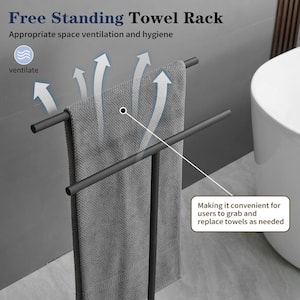 2-Tier 4-Towel Holder Standing Towel Rack with Marble Bathroom Floor Double-T Bath Towel Sheet Holder In Matte Black
