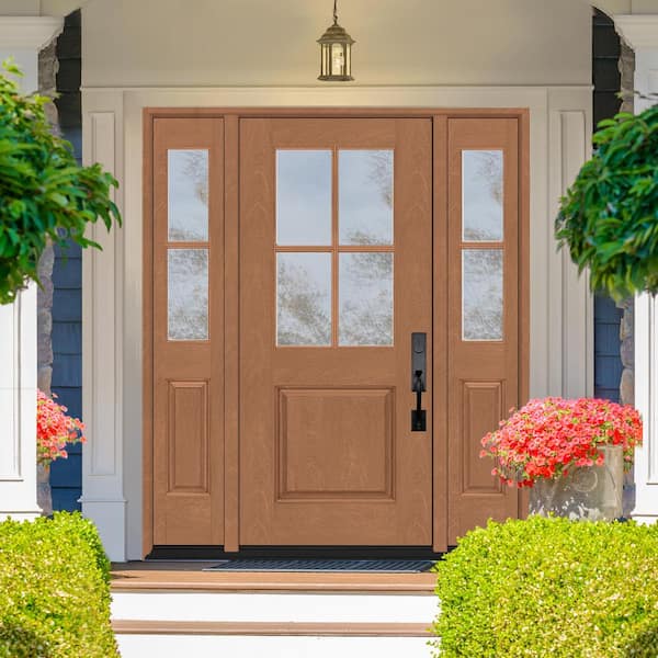 Regency 64 in. x 80 in. 1/2-4Lite Clear Glass LH AutumnWheat Stain Mahogany Fiberglass Prehung Front Door w/Dbl 12in.SL