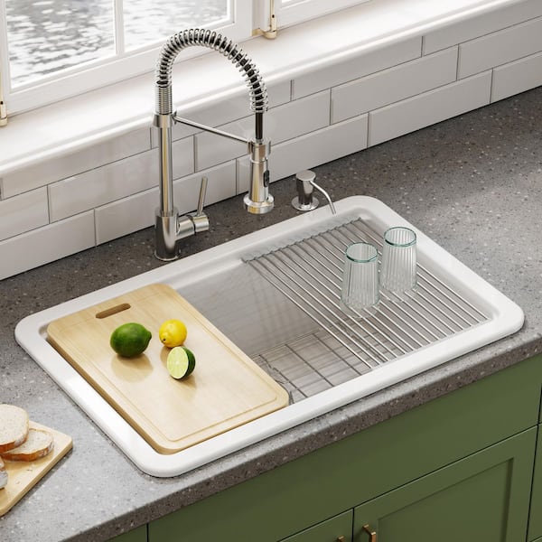 30 in. Drop-In Single Bowl White Ceramic Kitchen Sink Standard and Bottom Grid, Drain Assembly, Cutting Board