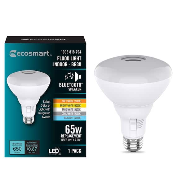 EcoSmart 65-Watt Equivalent BR30 Dimmable Bluetooth Speaker LED Light Bulb Adjustable White (1-Bulb)