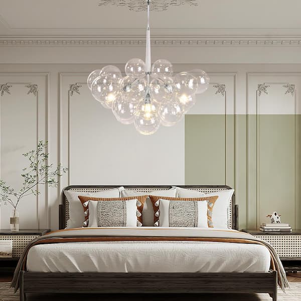Alma 6-Light 24.8 in.W Silver Bubble Chandelier with White Leather, 18 Clear Light Glass Globes and LED Bulbs Included