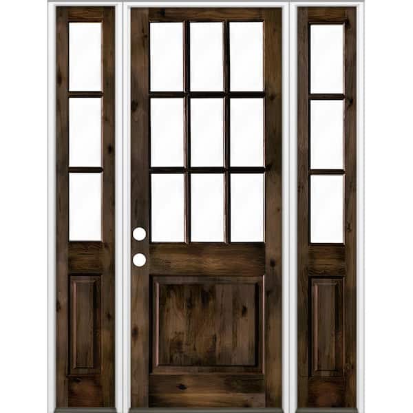 Krosswood Doors 64 in. x 96 in. Knotty Alder 2 Panel Right-Hand/Inswing Clear Glass Black Stain Wood Prehung Front Door w/Sidelites