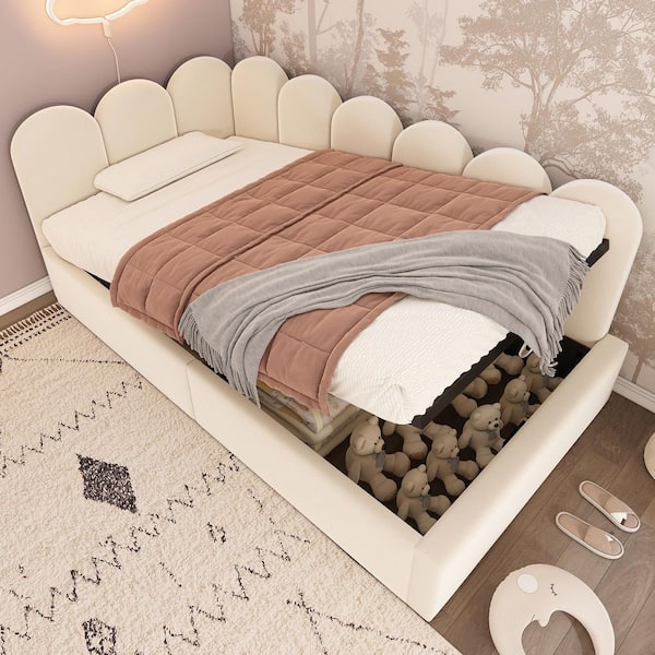 Beige Twin Size Velvet Upholstered Daybed with Hydraulic Storage, Metal Slatted Frame