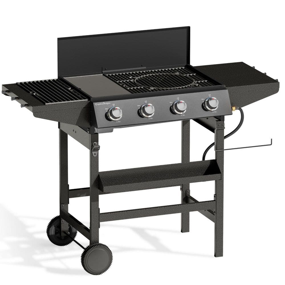 4-Burner Propane Gas Flat Top Grill and Griddle Combo in Black with Wheels Hose and Regulator