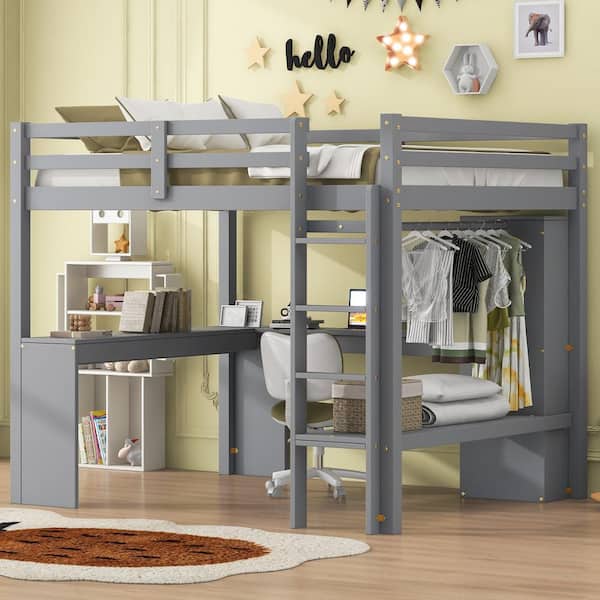 Qualler Gray Full Size Loft Bed with L-Shaped Desk, Shelves and Wardrobe