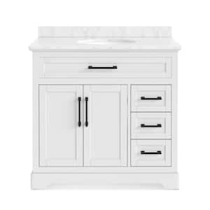 Washington 36 in. W x 21.5 in. D x 35 in. H Single Sink Freestanding Bath Vanity in White with White Carrara Marble Top