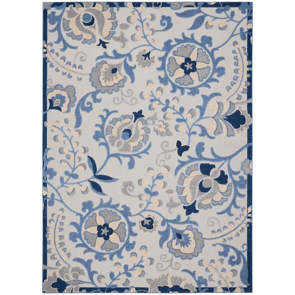 Nourison Aloha Blue/Gray 7 ft. x 10 ft. Floral Modern Indoor/Outdoor Patio Area Rug