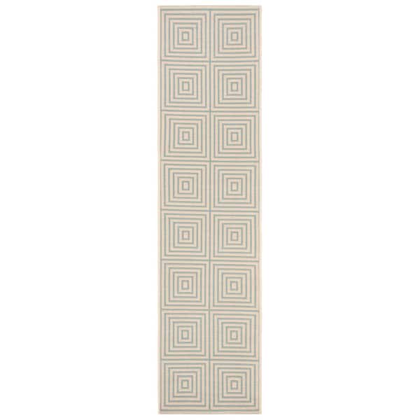 SAFAVIEH Linden Cream/Aqua 2 ft. x 8 ft. Geometric Multi-Squares Runner Rug