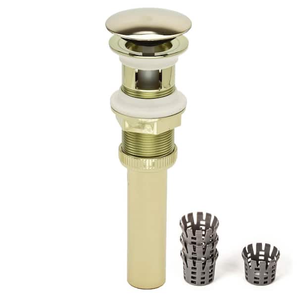PF WaterWorks DecoDRAIN Push Open/Close Pop-Up Drain, ABS Body w/ Hair Catcher w/ Overflow, 2.5" Cap, 1.6-2.2" Sink Hole, Pol. Brass