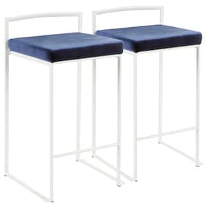 Fuji 26 in. White Stackable Counter Stool with Blue Velvet Cushion (Set of 2)