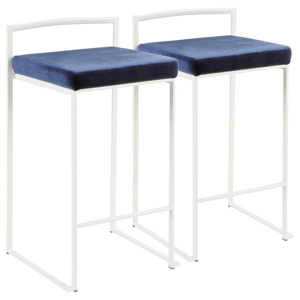 Lumisource Fuji 26 in. White Stackable Counter Stool with Blue Velvet Cushion (Set of 2)