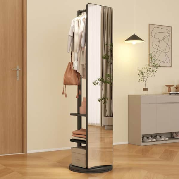 CSC DECOR INC Black 19.7 in. W x 68.8 in. H 360° Rotatable Full-Length Mirror, 2-in-1 Floor Mirrors And Coat Rack Standing Mirror