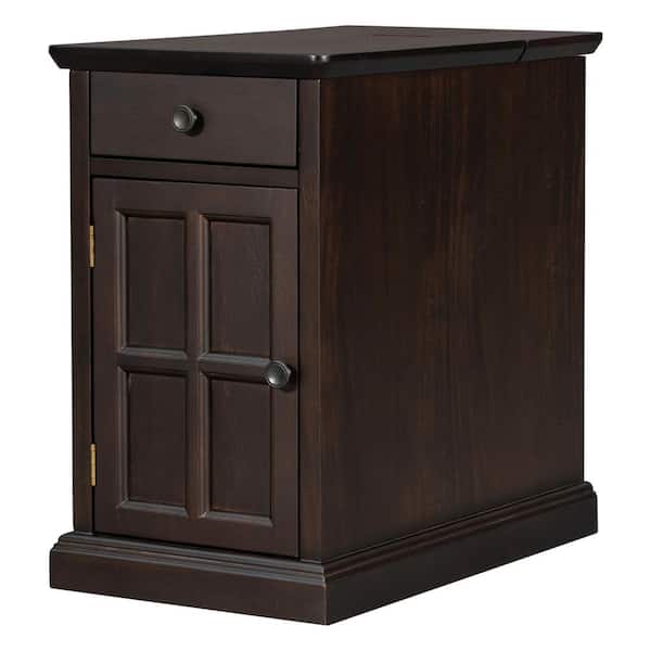 Unbranded Antique Espresso Solid Wood Outdoor Side Table with USB Ports and 1 Multifunctional Drawer with Cup Holders