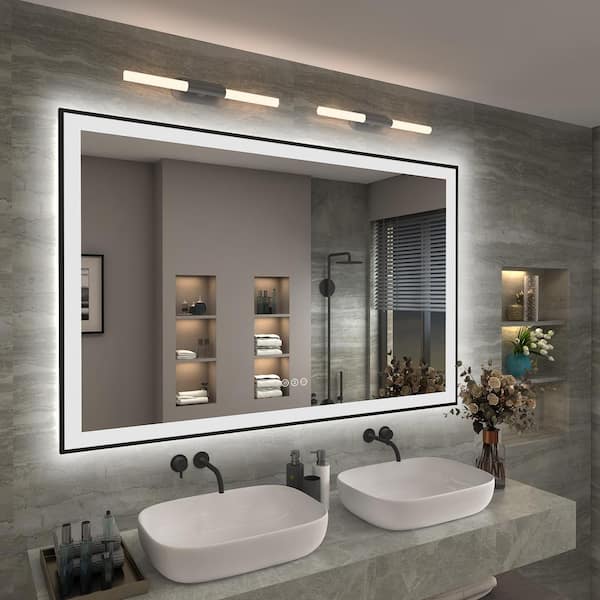 55 in. W x 36 in. H Rectangular Space Aluminum Framed Dual Lights Anti-Fog Wall Bathroom Vanity Mirror in Tempered Glass
