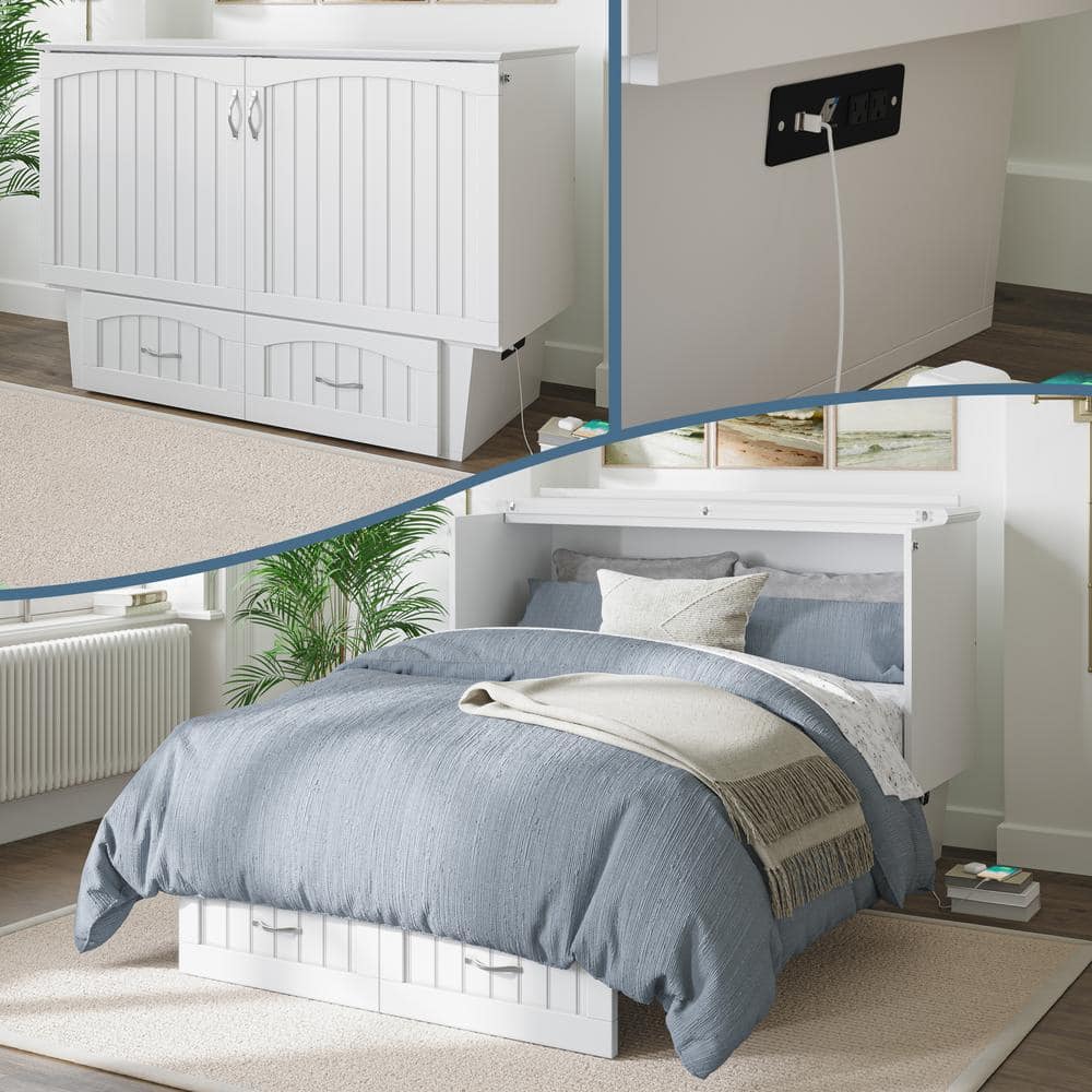 Nantucket White Full Murphy Bed Chest with Storage Drawer