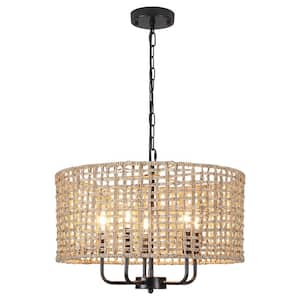 Nevarez 18.9 in. 5-Light Black Bohemian Pendant Natural Rattan Dimmable Chandelier with Hand Woven Drum Shade