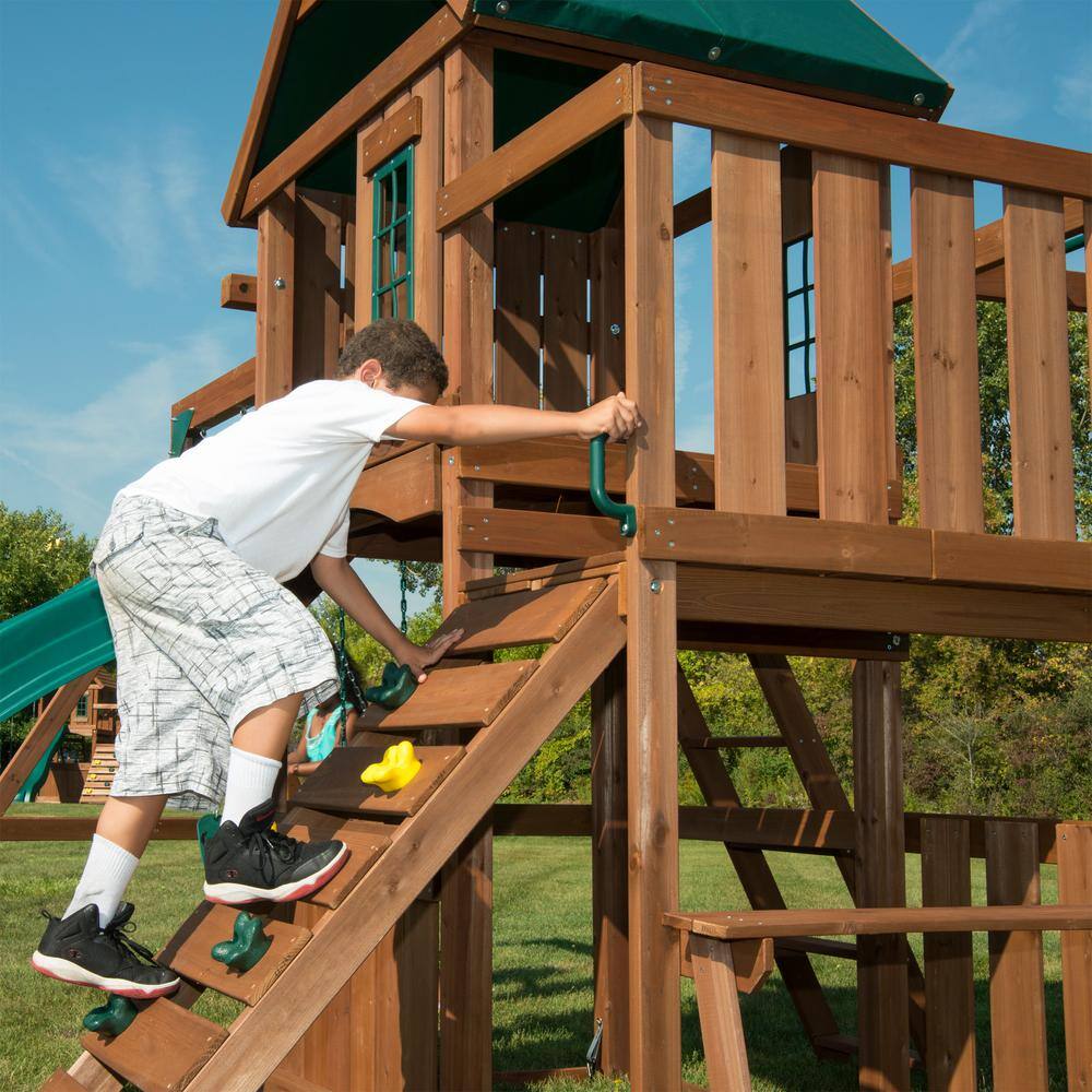 Knightsbridge Wooden Swing Set with Slide and Climbing Wall