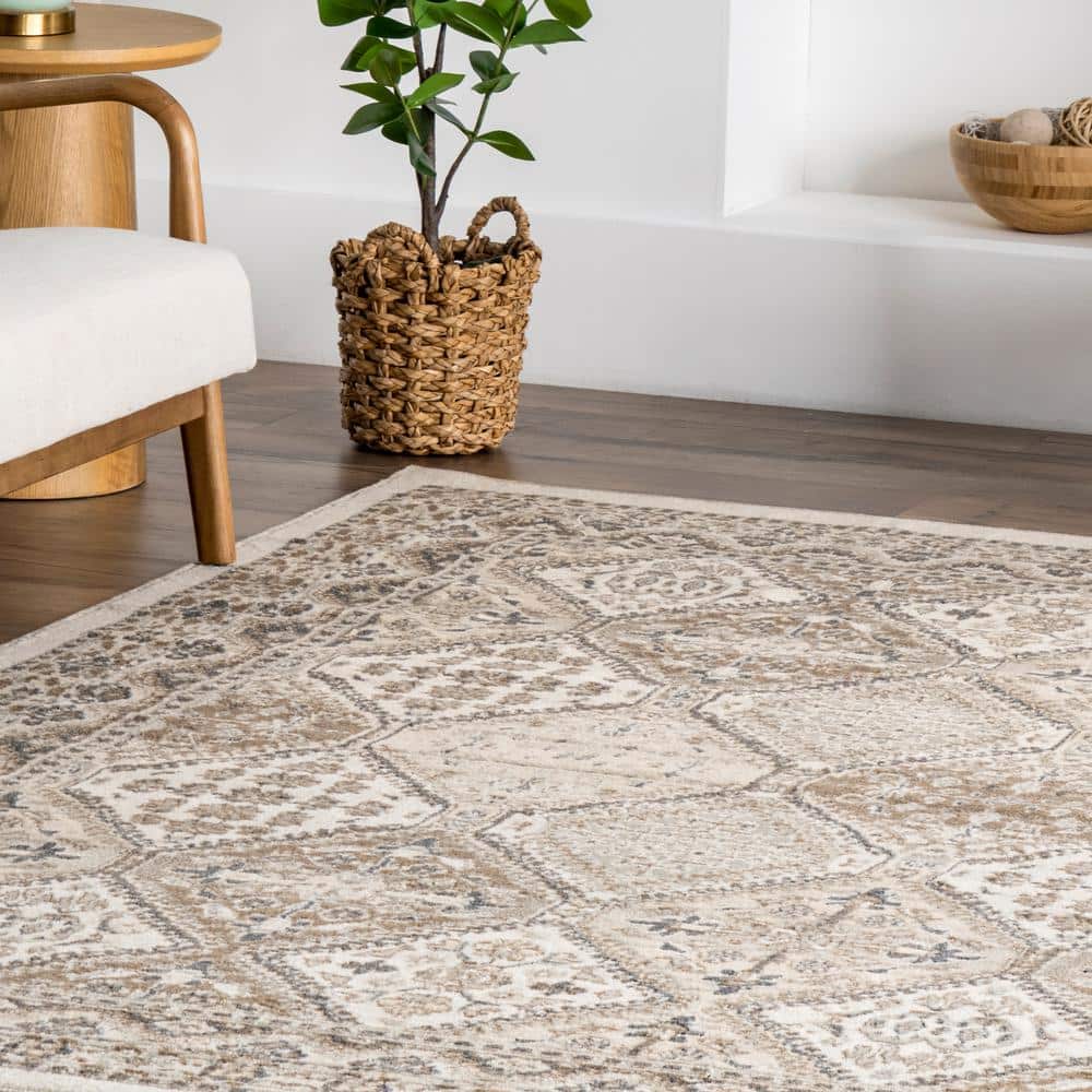 Becca Beige Synthetic Traditional Tiled Runner Rug