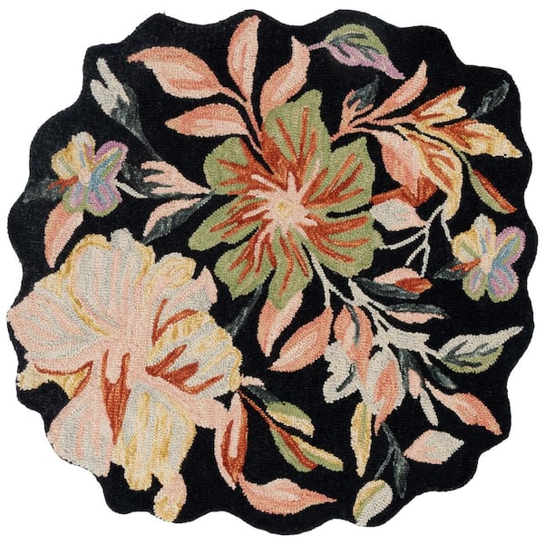 Jardin 5 ft. x 5 ft. Scalloped Black/Green Leafy Floral Area Rug