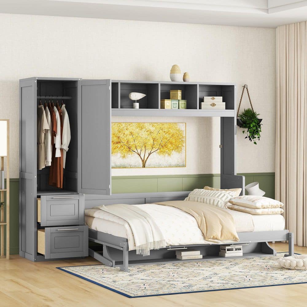 White Multifunctional Wood Frame Full Size Murphy Bed with Closet and Drawers - thumbnail 5