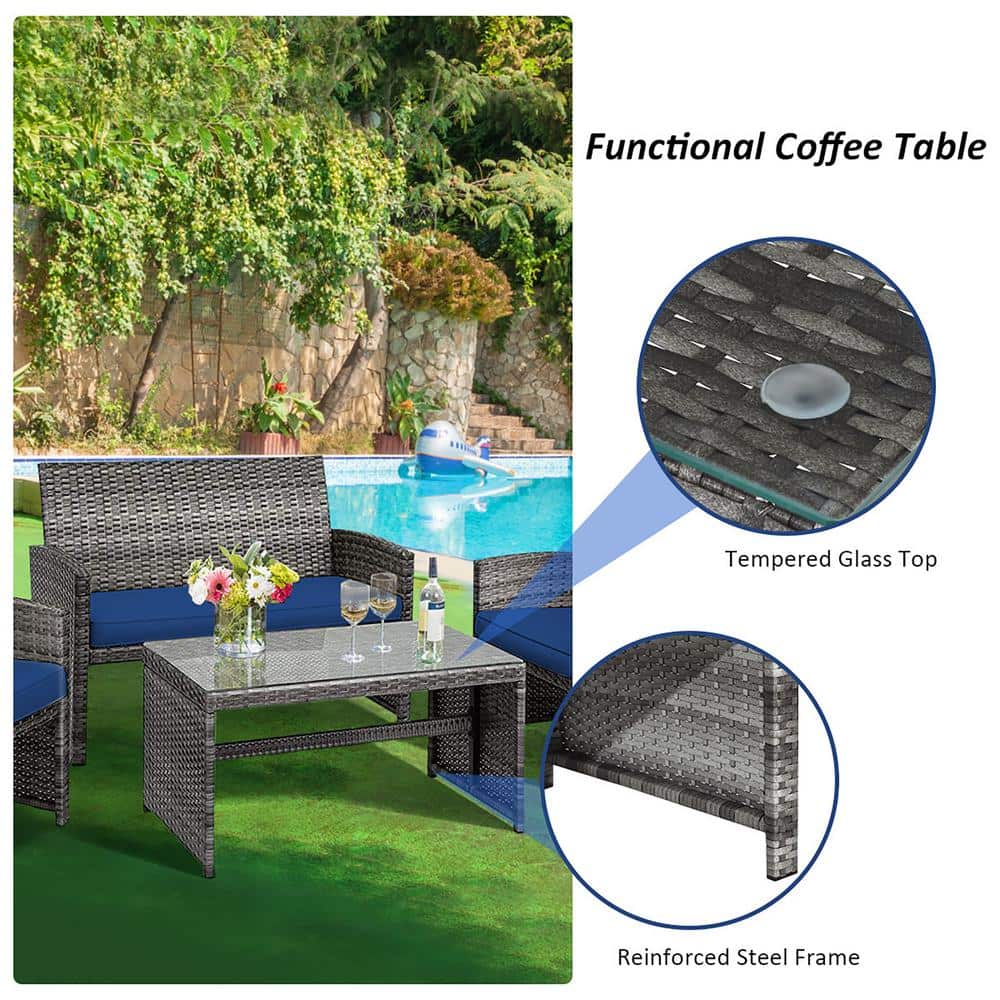 Navy and Gray Steel 8-Piece Patio Conversation Set with Cushions