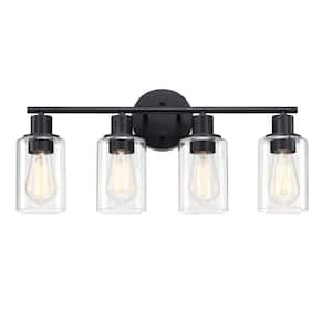 23.09 in. 4-Lights Black Modern Bathroom Vanity Lighting Fixtures Over Mirror with Clear Glass Shade