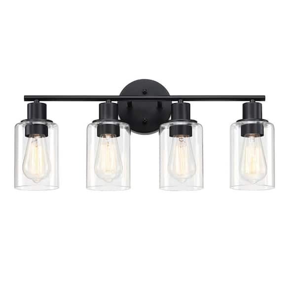 Pia Ricco 23.09 in. 4-Lights Black Modern Bathroom Vanity Lighting Fixtures Over Mirror with Clear Glass Shade