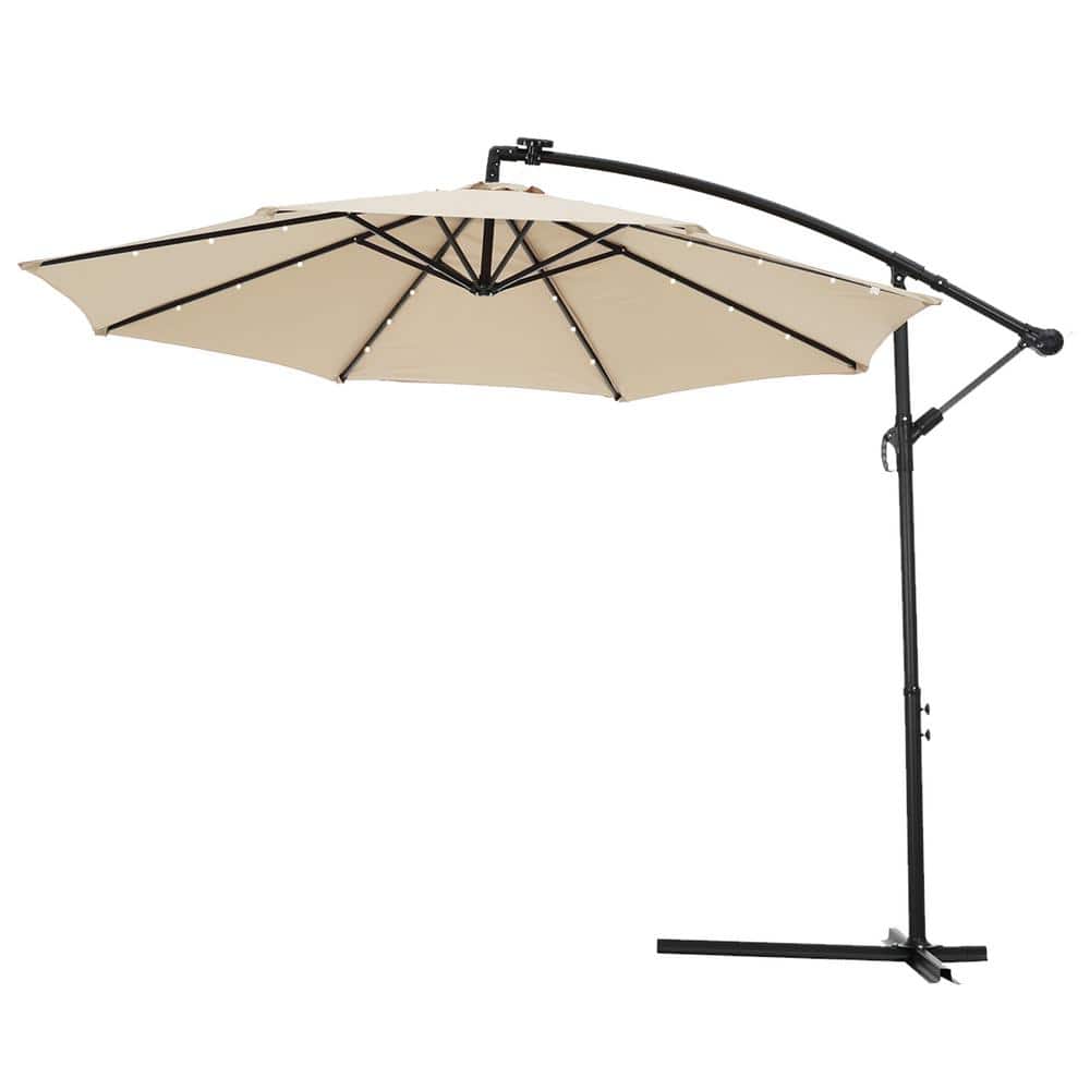 10 ft. Steel Offset Hanging Cantilever Solar Patio Umbrella in Tan with Cross Base