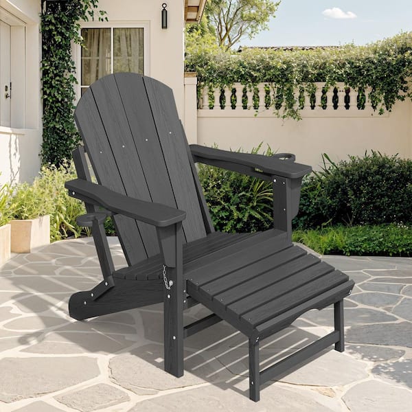 JEAREY 6-in-1 Multi-functional Gray Plastic Folding Rocing Adirondack Chair with Dual Cup Holders and Retractable Ottoman