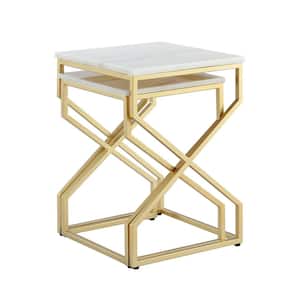 Mikio 15.7 in. Wide Gold Square Stone End Table With Marble Top